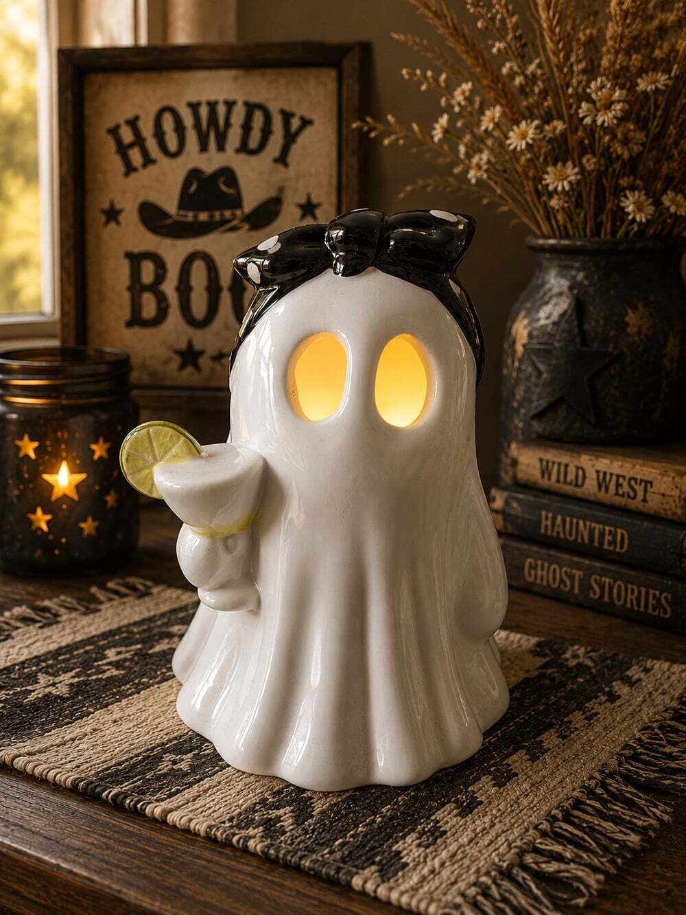New White Rockabilly Ghost Holding A Margarita Halloween Spooky Decor Figurine